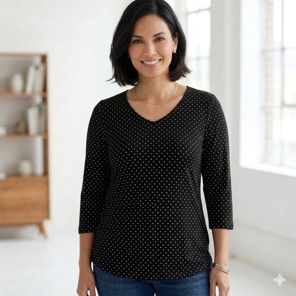 Chicos Black Polka Dot Casual Blouse Top Work Office Chico’s Size 2